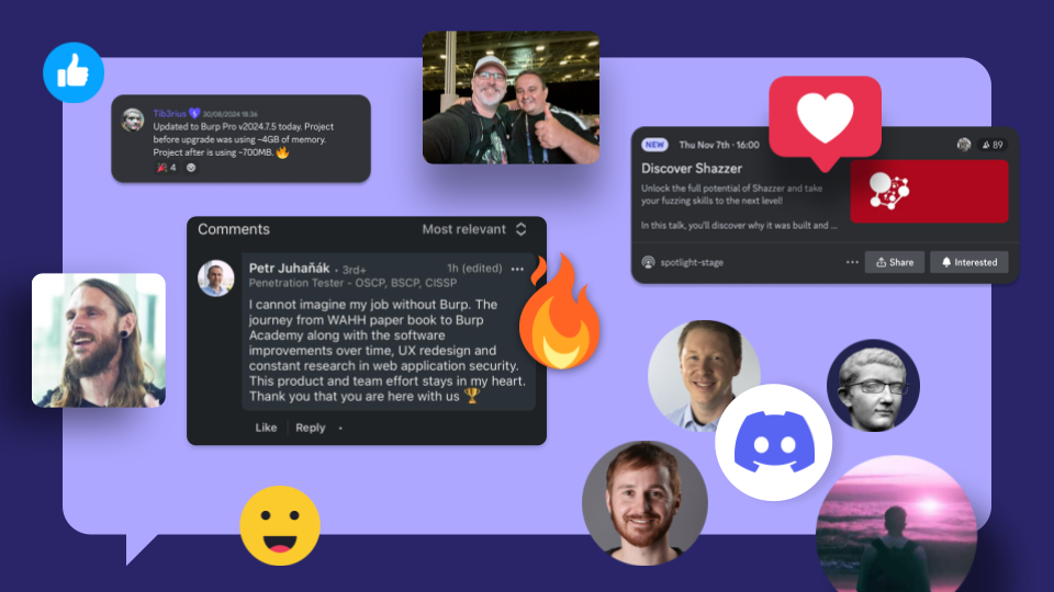 Screenshots and photos of Discord moderators, Discord, LinkedIn posts and photos of community members with emojis on a purple background
